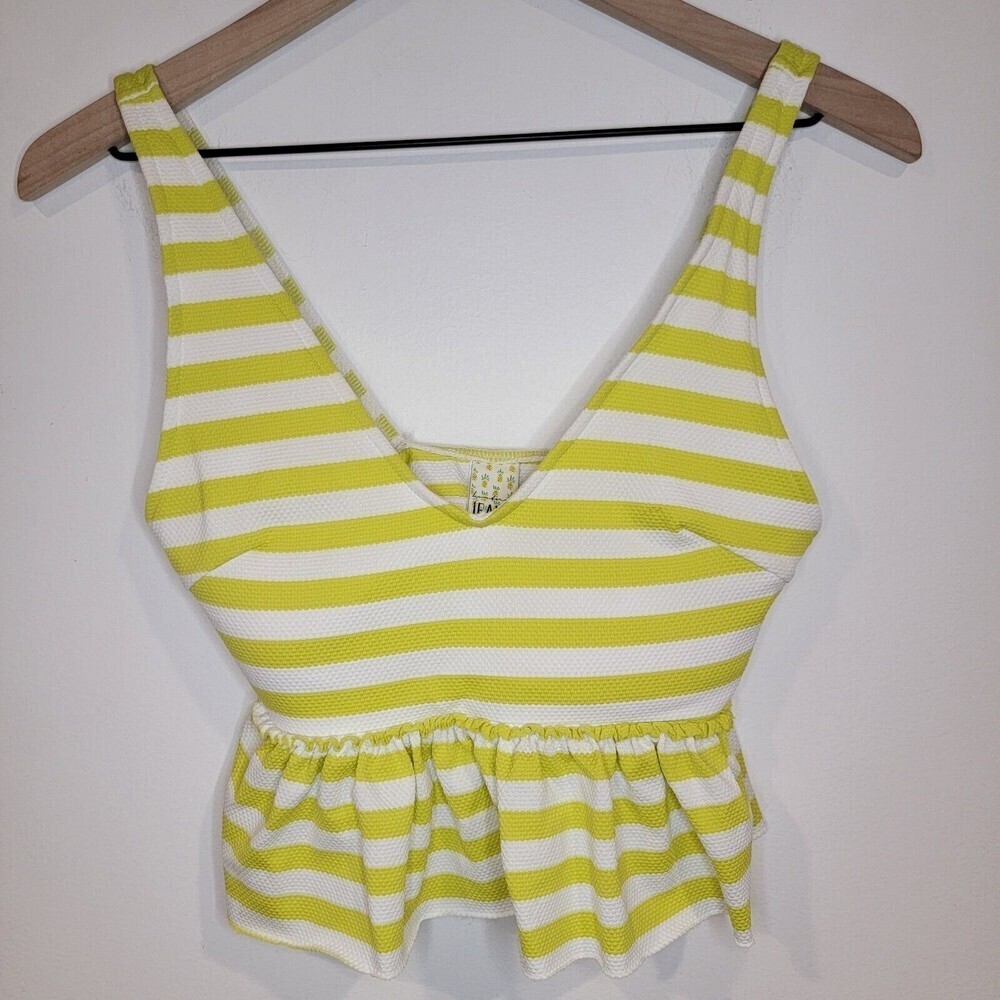 Kortni Jeane Swim Top XS Peplum Ruffled V Neck Yellow Lime Striped Swimsuit